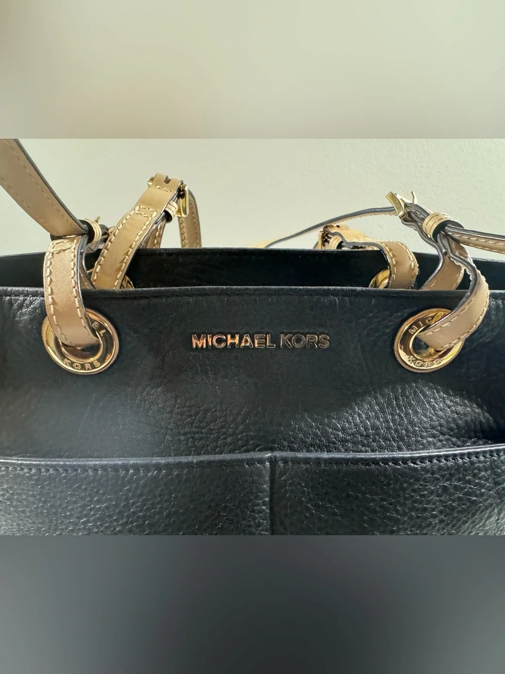 Michael Kors Bedford Black Pebbled Leather Tote with Tan Trim